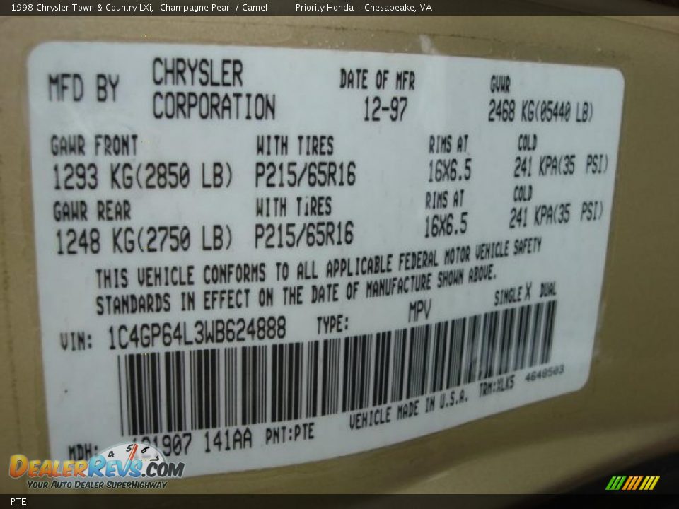 Chrysler Color Code PTE Champagne Pearl