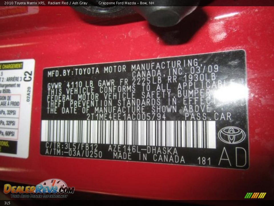 Toyota Color Code 3L5 Radiant Red