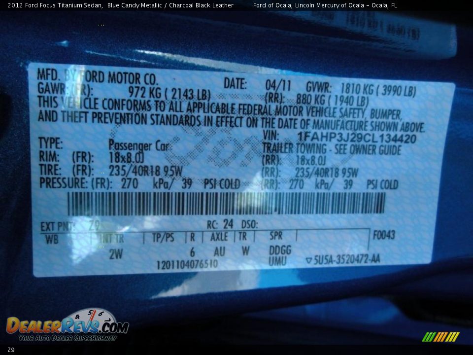 Ford Color Code Z9 Blue Candy Metallic