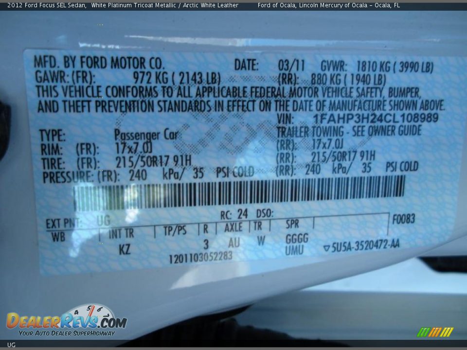 Ford Color Code UG White Platinum Tricoat Metallic