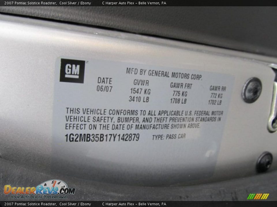 Info Tag of 2007 Pontiac Solstice Roadster Photo #24