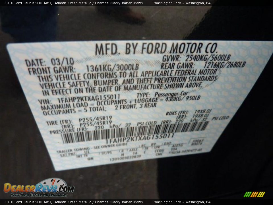 2010 Ford Taurus SHO AWD Atlantis Green Metallic / Charcoal Black/Umber Brown Photo #19