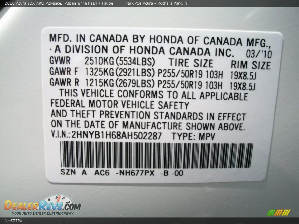 Acura Color Code NH677PX Aspen White Pearl