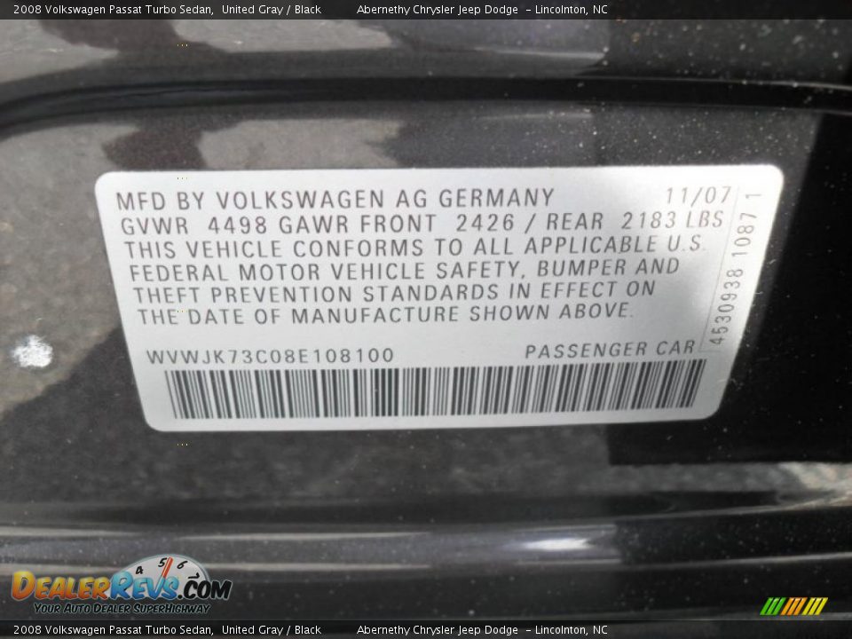 2008 Volkswagen Passat Turbo Sedan United Gray / Black Photo #6