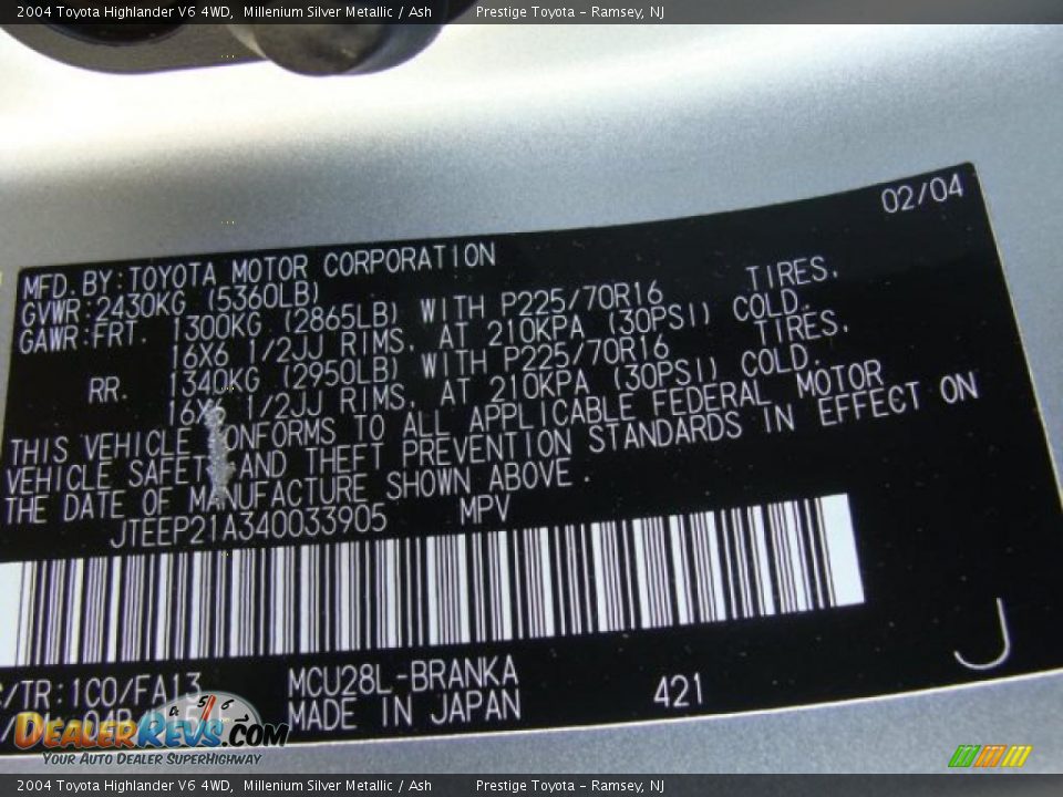 2004 Toyota Highlander V6 4WD Millenium Silver Metallic / Ash Photo #15