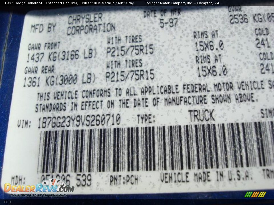 Dodge Color Code PCH Brilliant Blue Metallic