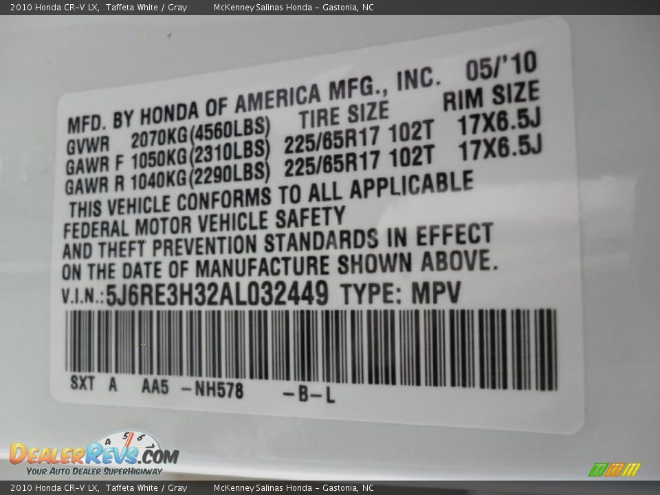 2010 Honda CR-V LX Taffeta White / Gray Photo #6