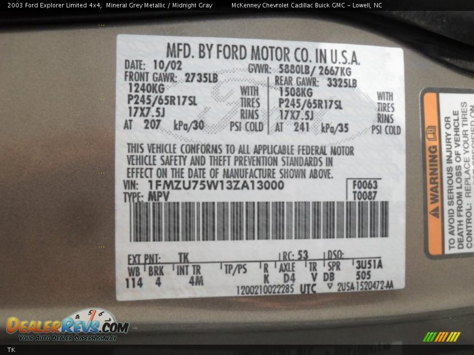 Ford Color Code TK Mineral Grey Metallic