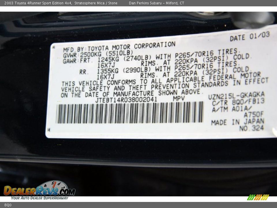 Toyota Color Code 8Q0 Stratosphere Mica