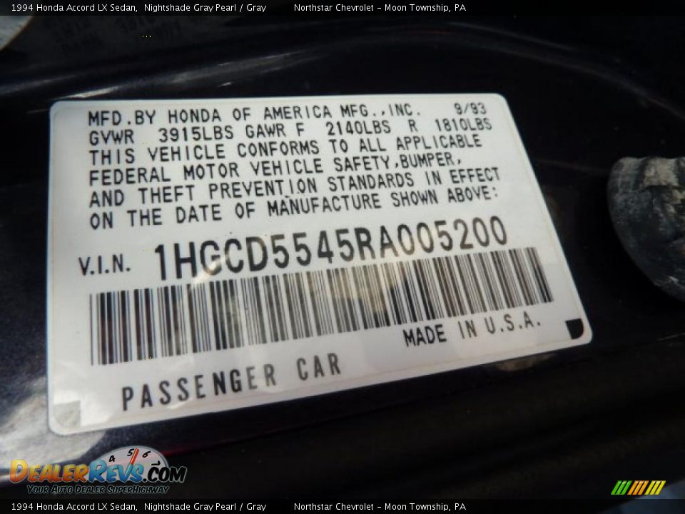 1994 Honda Accord LX Sedan Nightshade Gray Pearl / Gray Photo #13