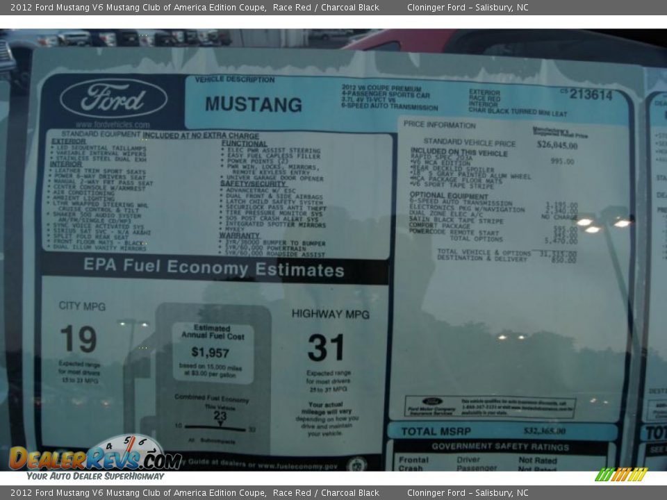 2012 Ford Mustang V6 Mustang Club of America Edition Coupe Window Sticker Photo #8