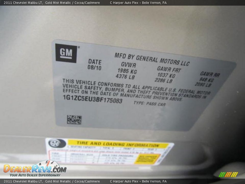 Info Tag of 2011 Chevrolet Malibu LT Photo #24