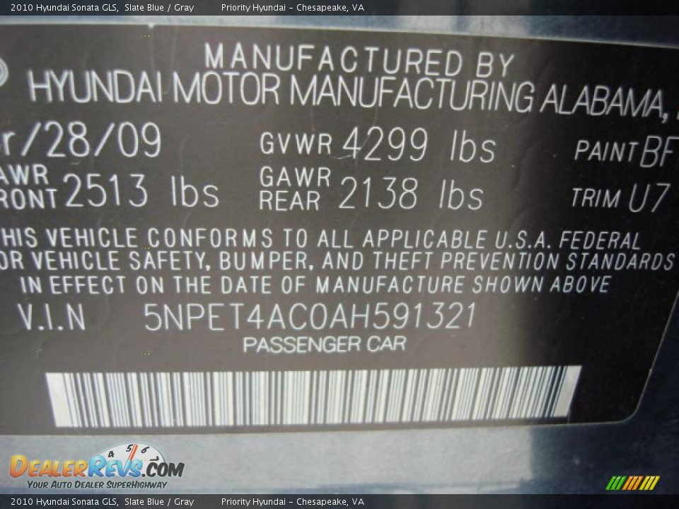 2010 Hyundai Sonata GLS Slate Blue / Gray Photo #20