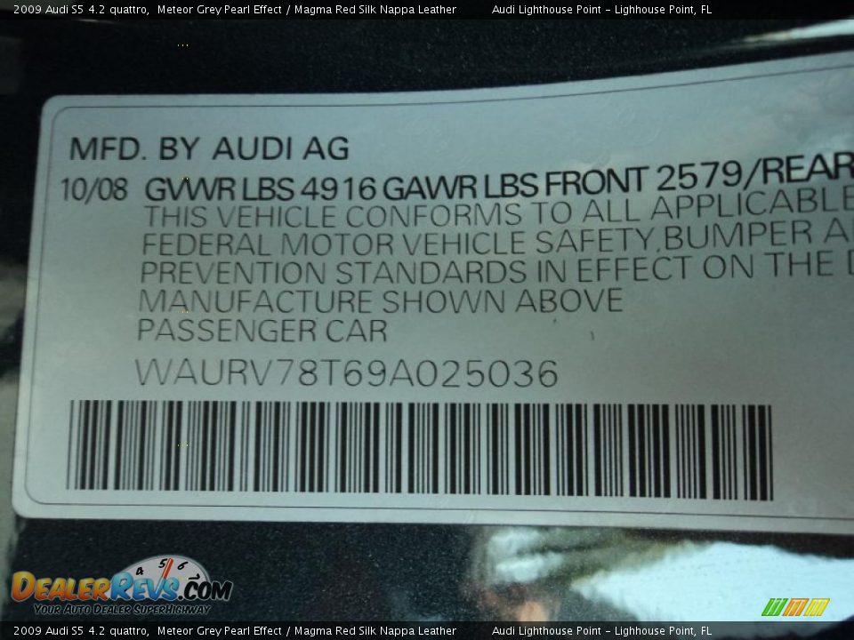 Info Tag of 2009 Audi S5 4.2 quattro Photo #25
