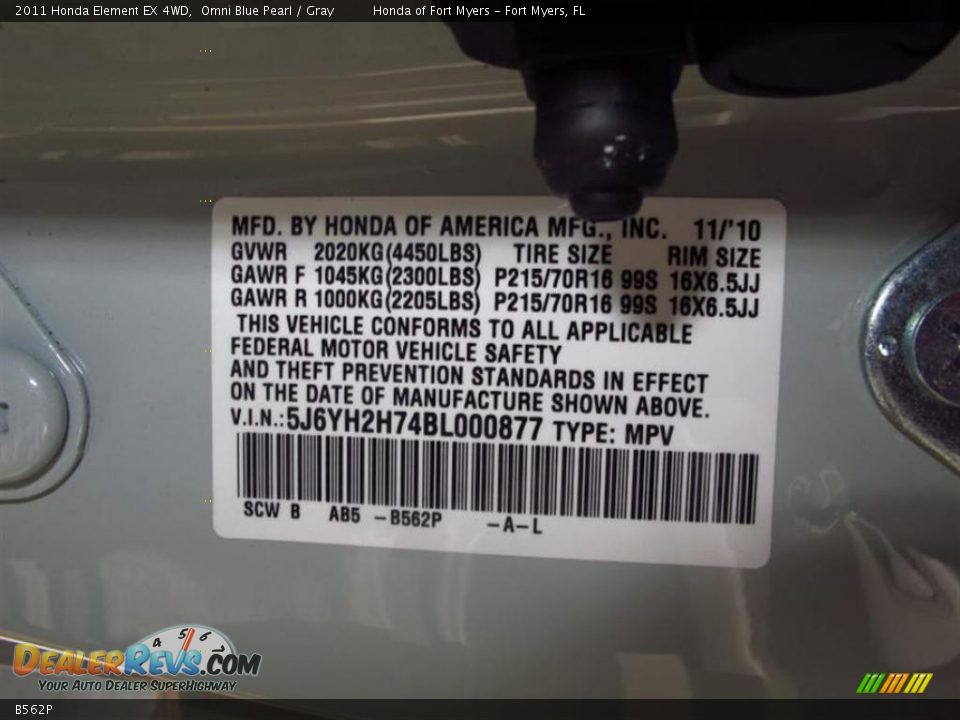 Honda Color Code B562P Omni Blue Pearl