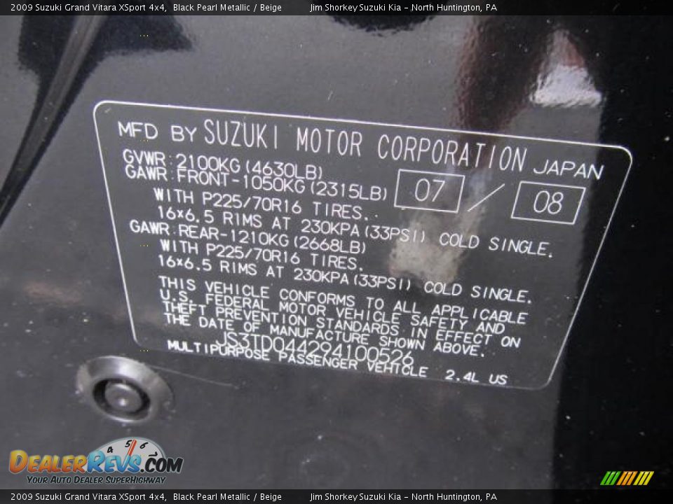 Info Tag of 2009 Suzuki Grand Vitara XSport 4x4 Photo #14