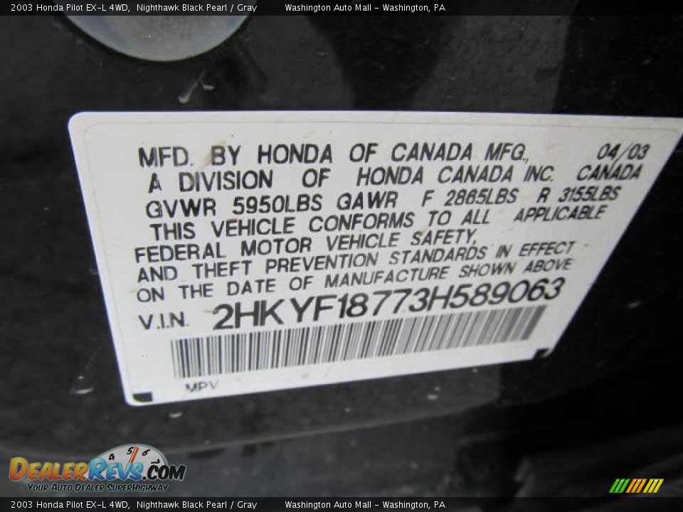 2003 Honda Pilot EX-L 4WD Nighthawk Black Pearl / Gray Photo #19
