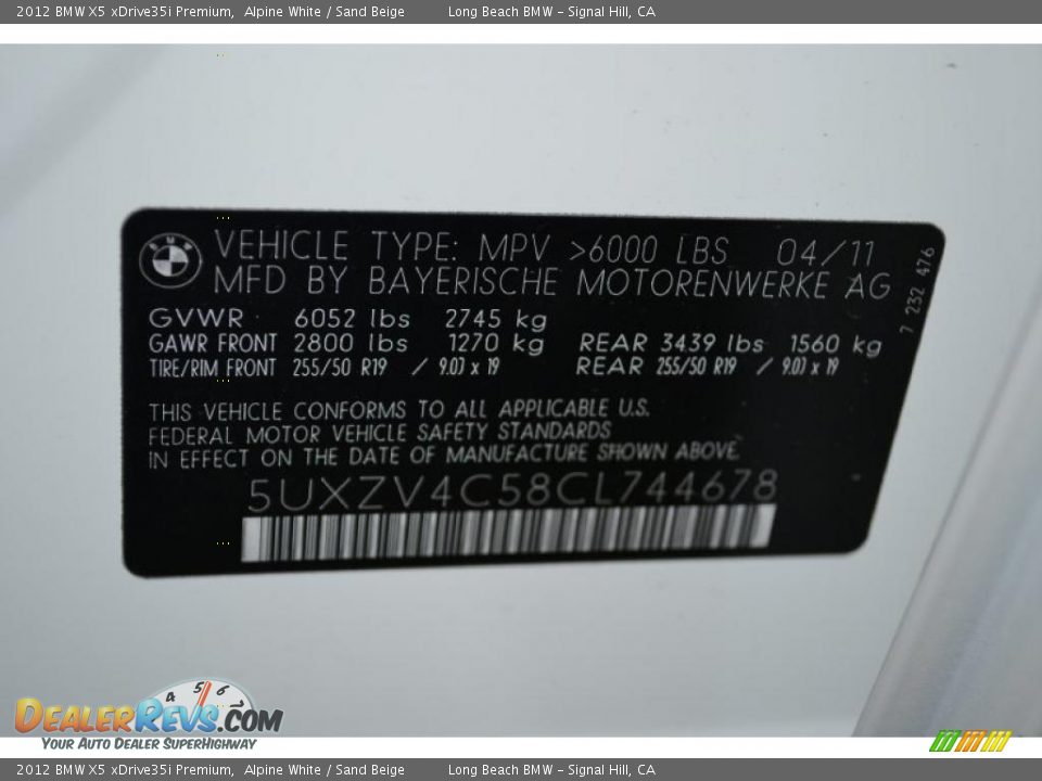 2012 BMW X5 xDrive35i Premium Alpine White / Sand Beige Photo #13