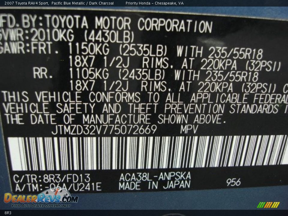 Toyota Color Code 8R3 Pacific Blue Metallic