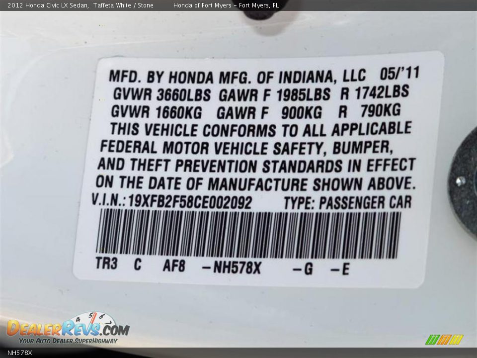 Honda Color Code NH578X Taffeta White