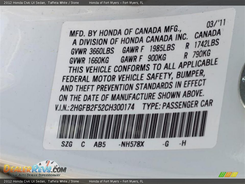 2012 Honda Civic LX Sedan Taffeta White / Stone Photo #10