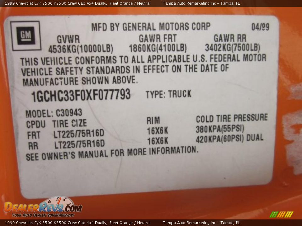 Info Tag of 1999 Chevrolet C/K 3500 K3500 Crew Cab 4x4 Dually Photo #35