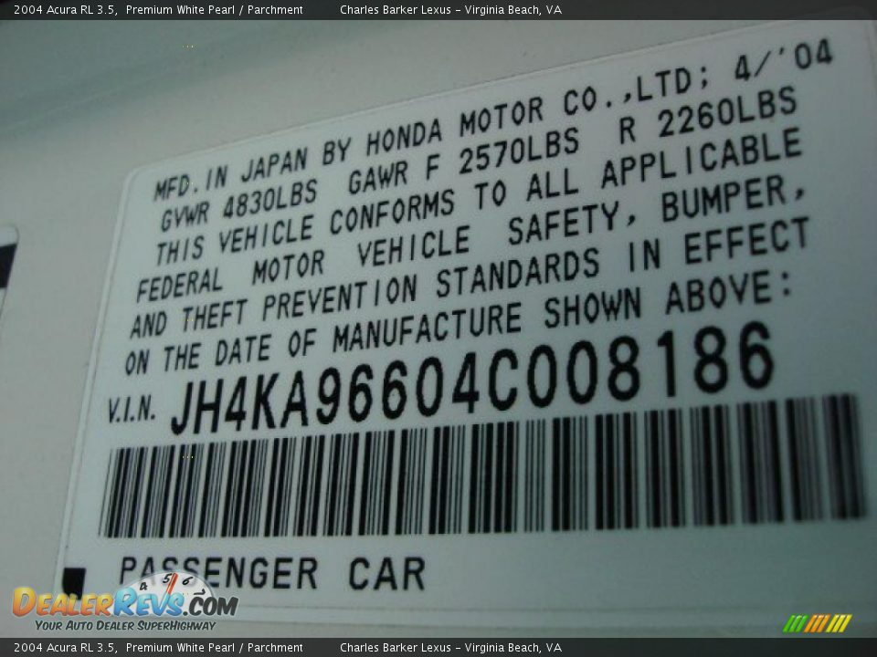 2004 Acura RL 3.5 Premium White Pearl / Parchment Photo #27