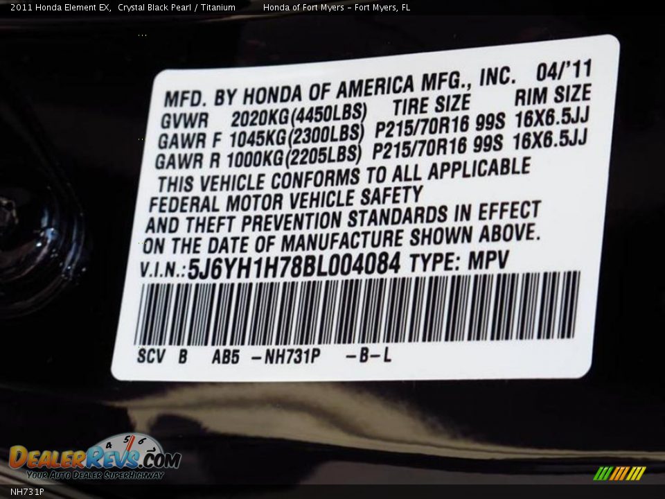 Honda Color Code NH731P Crystal Black Pearl