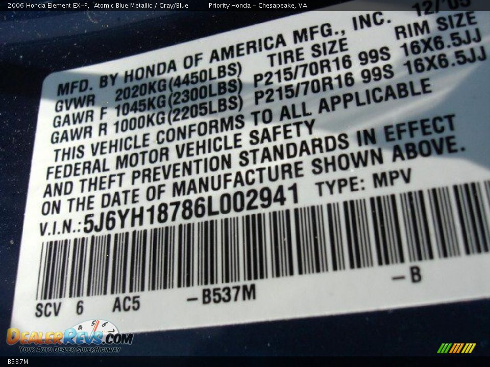 Honda Color Code B537M Atomic Blue Metallic