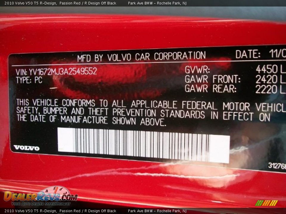 Info Tag of 2010 Volvo V50 T5 R-Design Photo #33