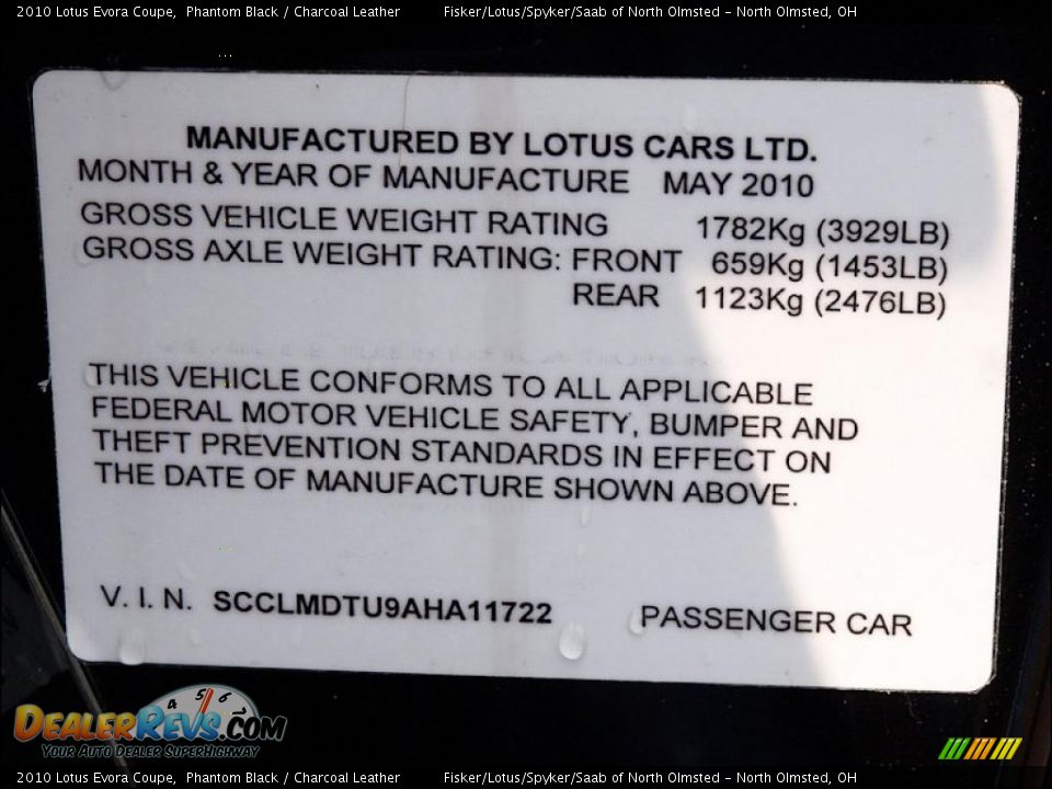 Info Tag of 2010 Lotus Evora Coupe Photo #11