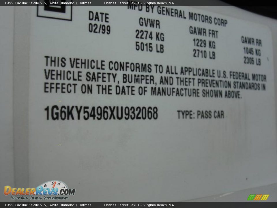 1999 Cadillac Seville STS White Diamond / Oatmeal Photo #21