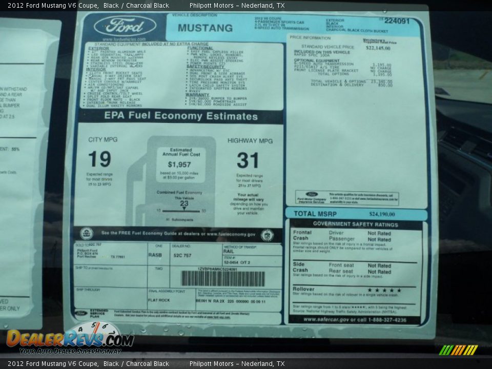 2012 Ford Mustang V6 Coupe Window Sticker Photo #32