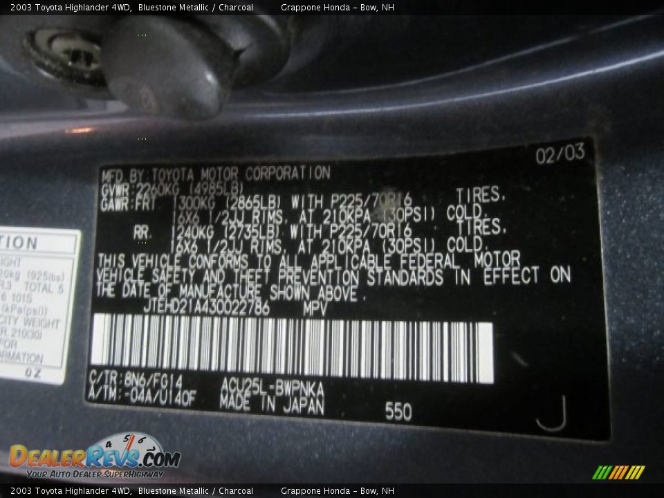 2003 Toyota Highlander 4WD Bluestone Metallic / Charcoal Photo #8