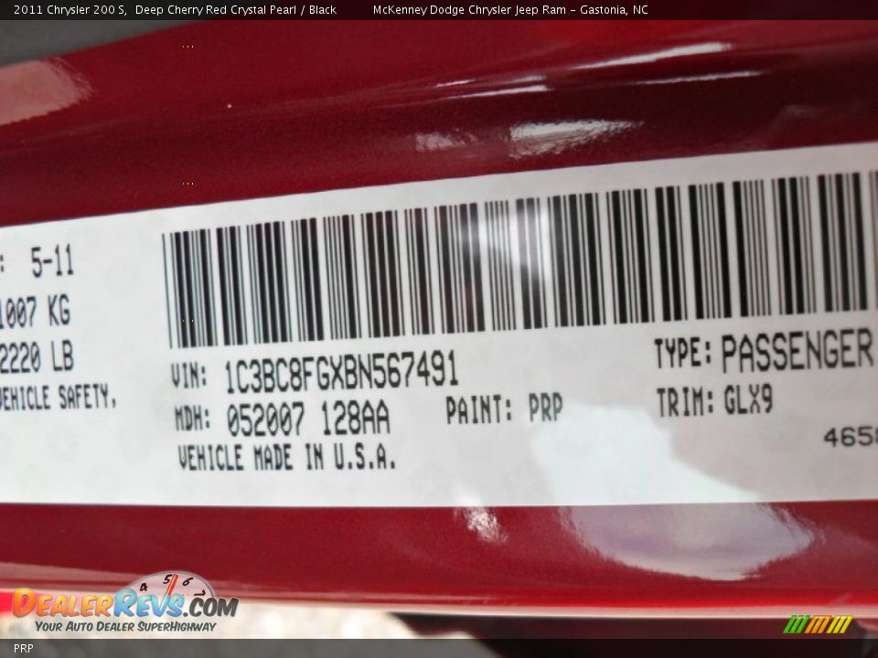 Chrysler Color Code PRP Deep Cherry Red Crystal Pearl