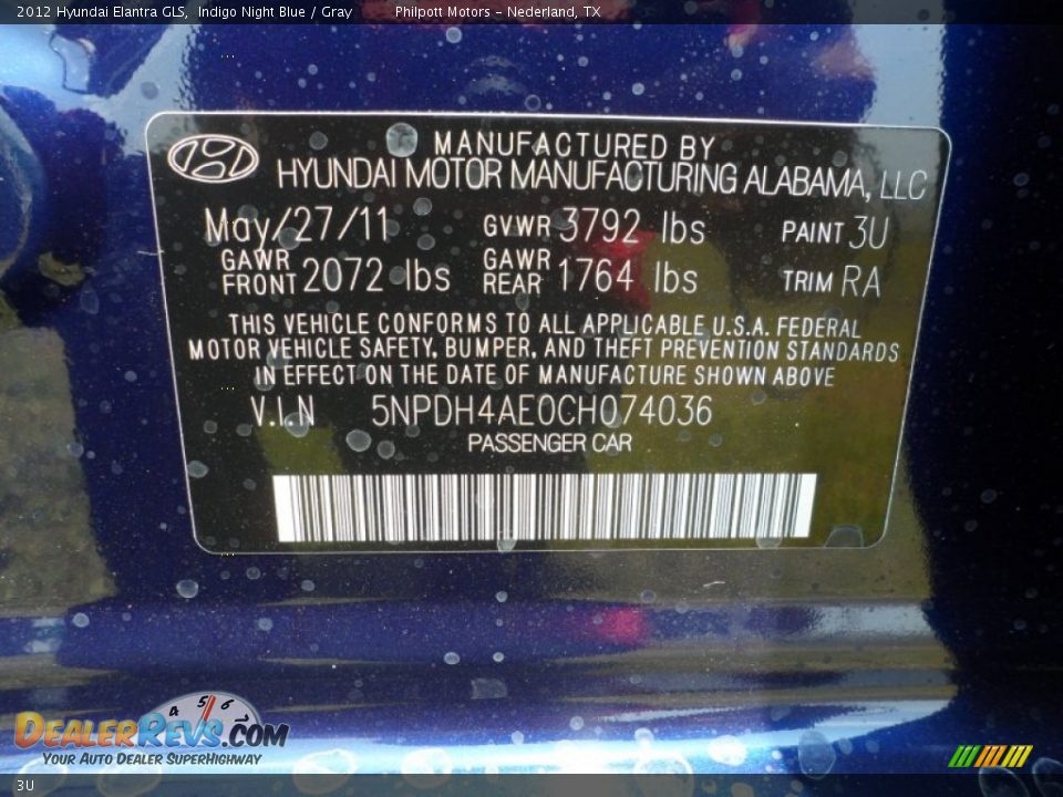 Hyundai Color Code 3U Indigo Night Blue