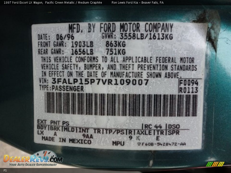 Ford Color Code PS Pacific Green Metallic