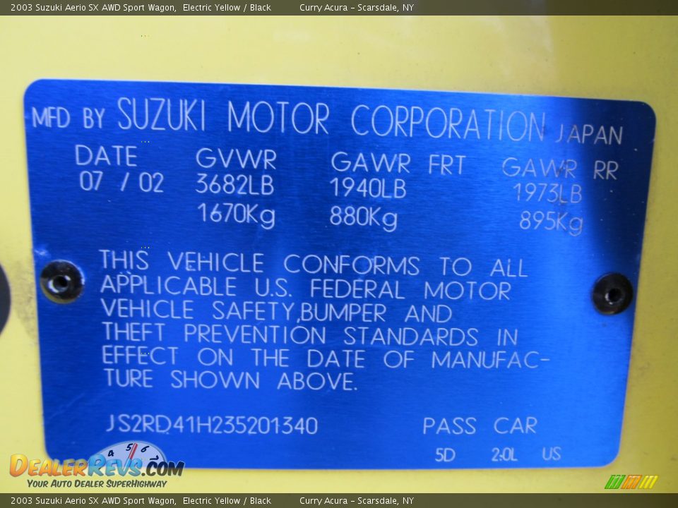 Info Tag of 2003 Suzuki Aerio SX AWD Sport Wagon Photo #26