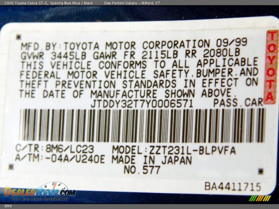 Toyota Color Code 8M6 Spectra Blue Mica