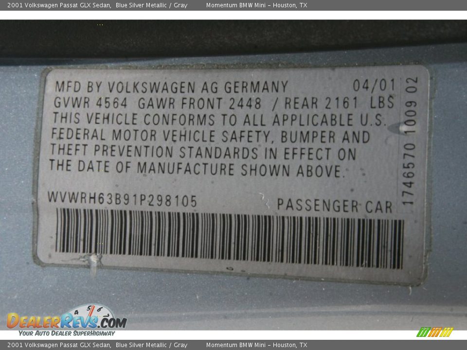 2001 Volkswagen Passat GLX Sedan Blue Silver Metallic / Gray Photo #6