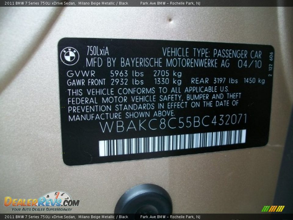 Info Tag of 2011 BMW 7 Series 750Li xDrive Sedan Photo #33