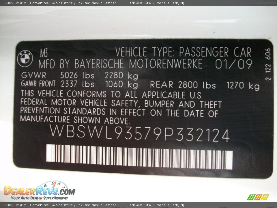 Info Tag of 2009 BMW M3 Convertible Photo #31