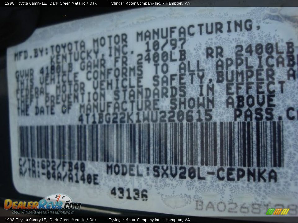 1998 Toyota Camry LE Dark Green Metallic / Oak Photo #16