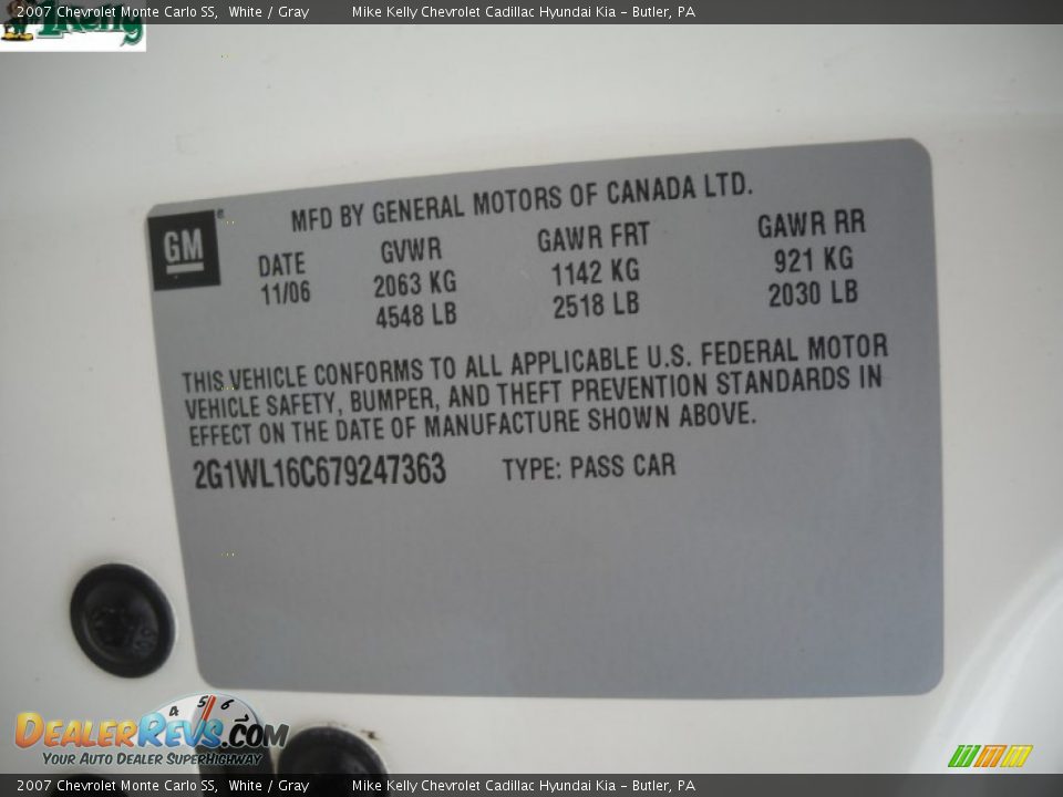 2007 Chevrolet Monte Carlo SS White / Gray Photo #11