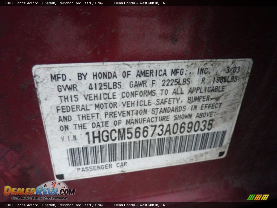 2003 Honda Accord EX Sedan Redondo Red Pearl / Gray Photo #13