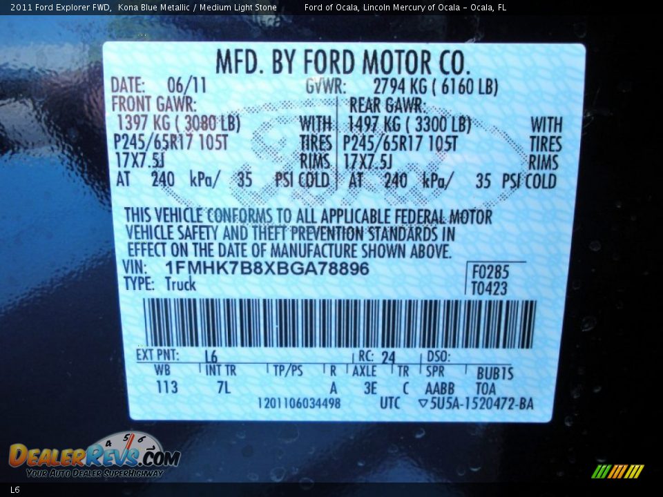 Ford Color Code L6 Kona Blue Metallic