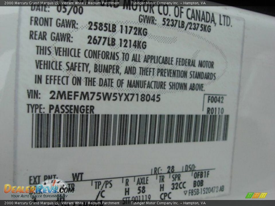 2000 Mercury Grand Marquis LS Vibrant White / Medium Parchment Photo #19