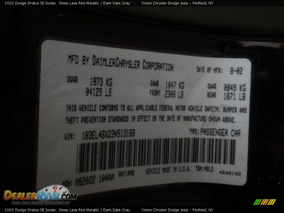 2003 Dodge Stratus SE Sedan Deep Lava Red Metallic / Dark Slate Gray Photo #22