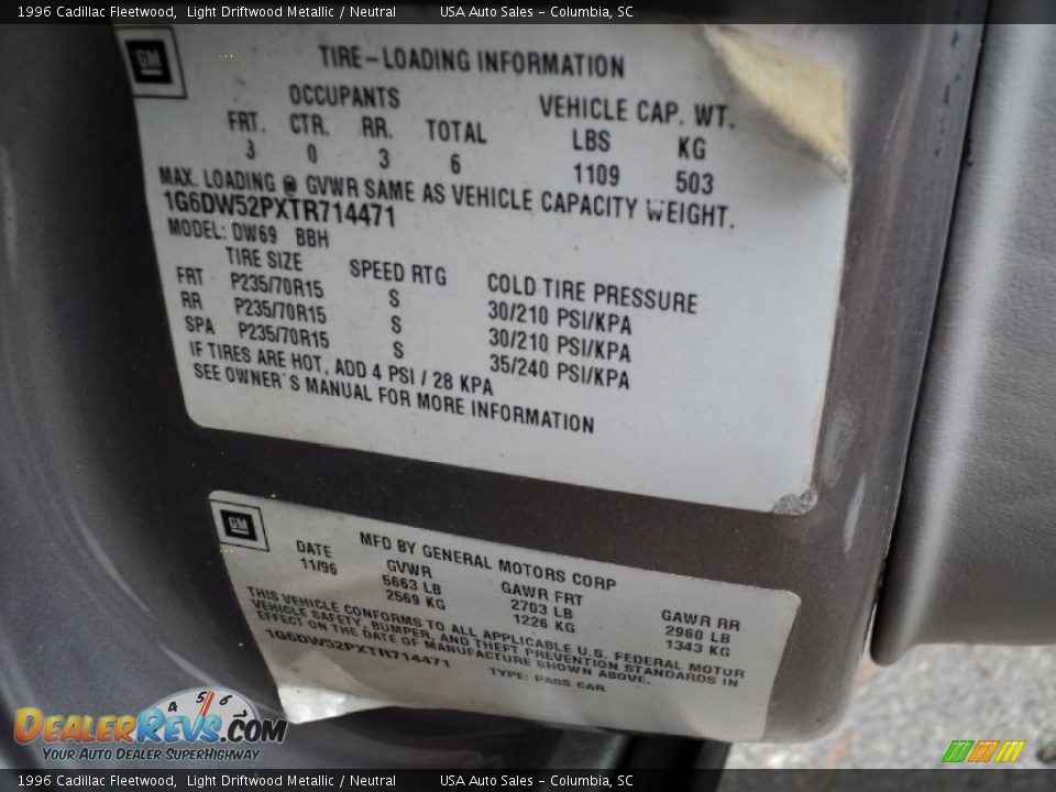 Info Tag of 1996 Cadillac Fleetwood  Photo #7