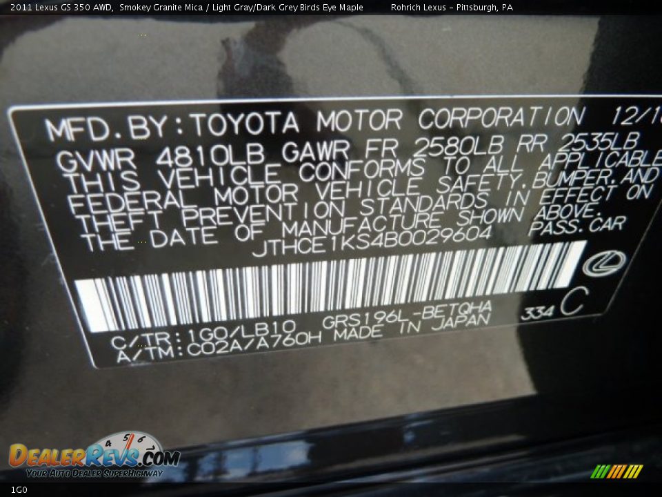 Lexus Color Code 1G0 Smokey Granite Mica